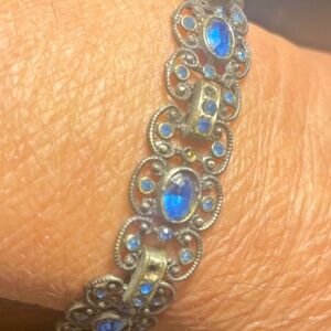Antique Silver tone Art Deco Flower Blue Rhinestone Panel Links Chunky Bracelet